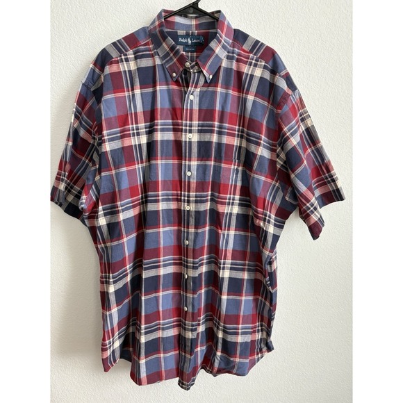 Polo Ralph Lauren Mens Button Up Red Plaid Shirt Size 2XL Tall Short Sleeve - Picture 1 of 8